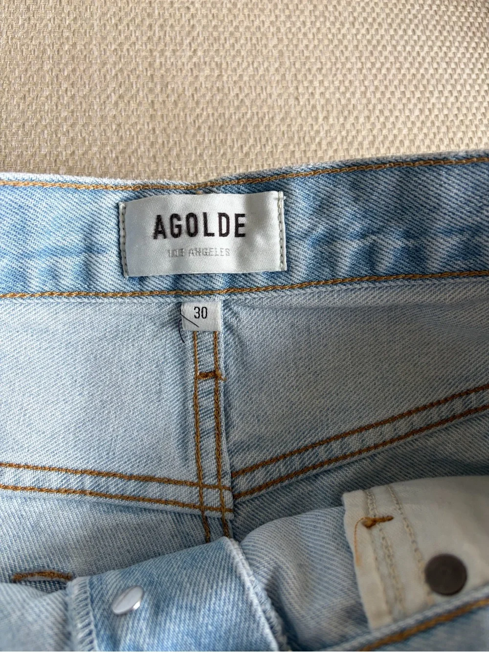 Agolde Light “Twister” Wash High-Rise Long Vintage Wash Denim Shorts Sz 30